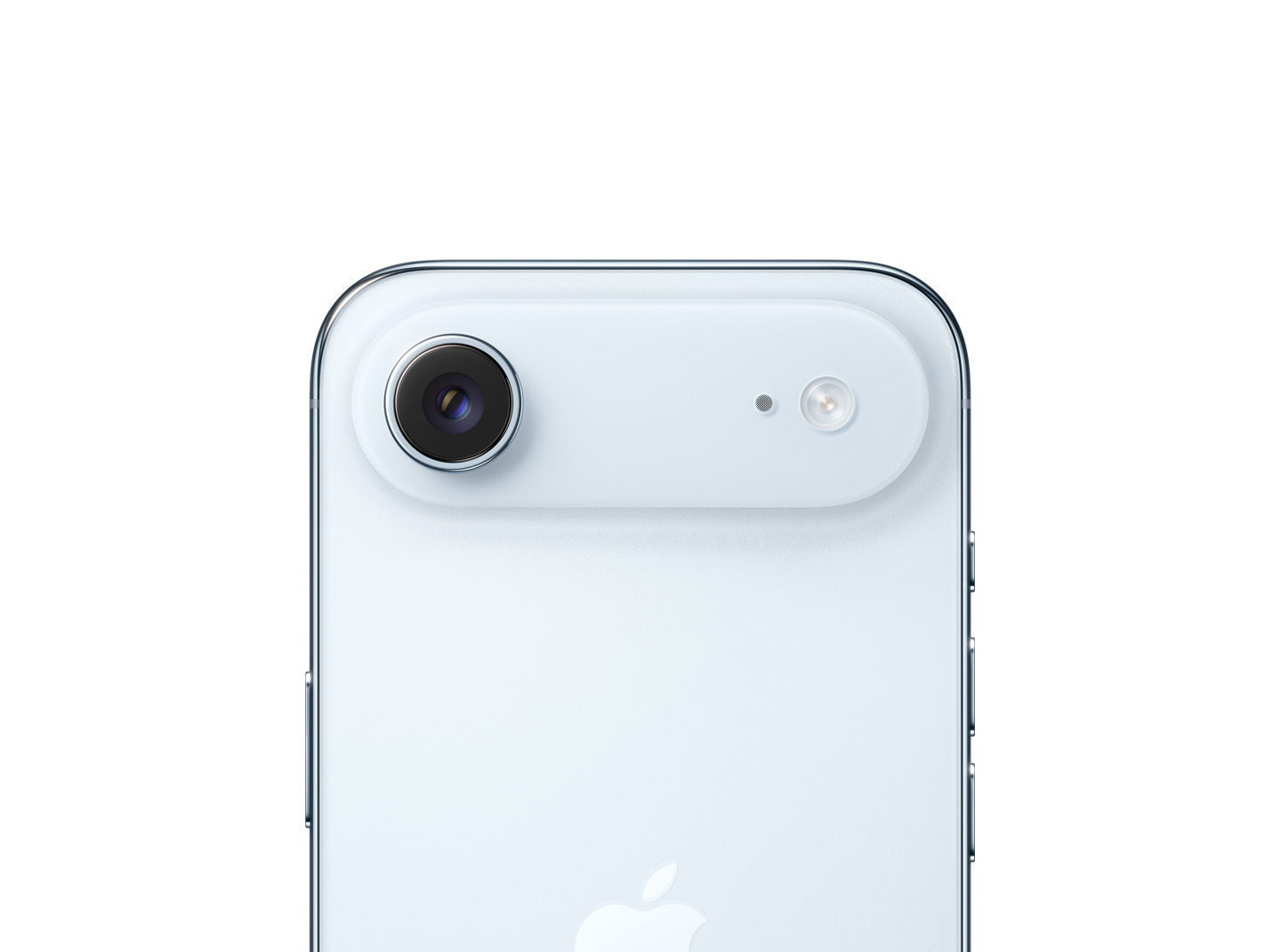 iPhone Air, pohled zezadu, blankytně modrá barva, modul s hlavní Fusion fotosoustavou nahoře