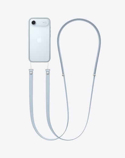 iPhone Airの背面の外観。ライトグレイのバンパーとクロスボディストラップが取りつけられている