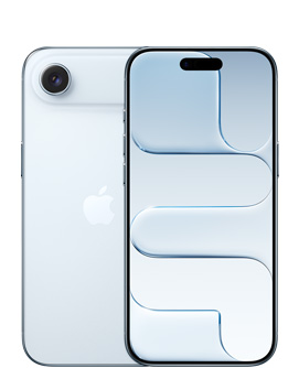 スカイブルーのiPhone Airの背面の外観。上部にFusionカメラシステム、中央にAppleのロゴがある。前面の外観。スカイブルーのカラー、上部の中央にDynamic Islandがある