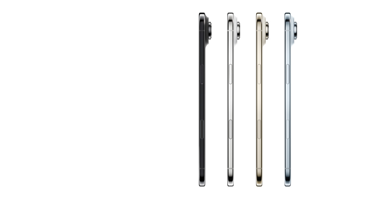 iPhone Airの側面の外観。カラーはスカイブルー、ライトゴールド、クラウドホワイト、スペースブラック。非常に薄いデザイン、Fusionカメラシステム、サイドボタン、カメラコントロールボタン