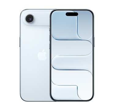 iPhone Air, back exterior, Sky Blue colour, Fusion camera system at top, centred Apple logo, front exterior, Sky Blue colour, Dynamic Island centred at top
