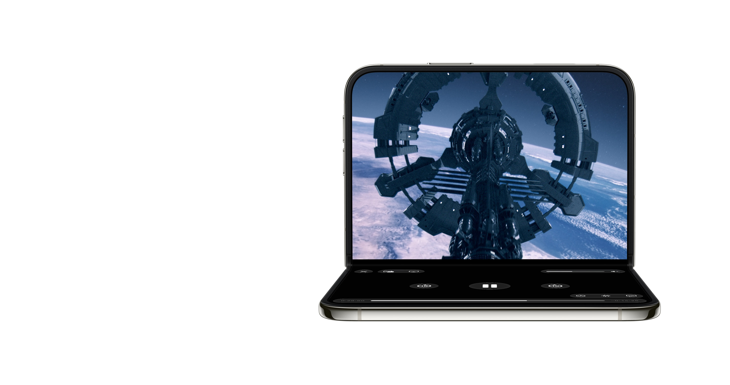 Apple iPhone Duo in laptop mode showing split-screen multitasking across folded inner display