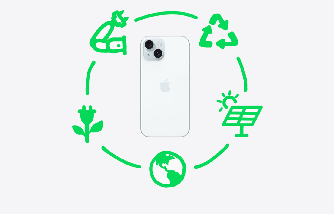 Játékos, zöld színű illusztráció, amelyen öt különböző környezetvédelmi ikon kört formál egy iPhone köré.