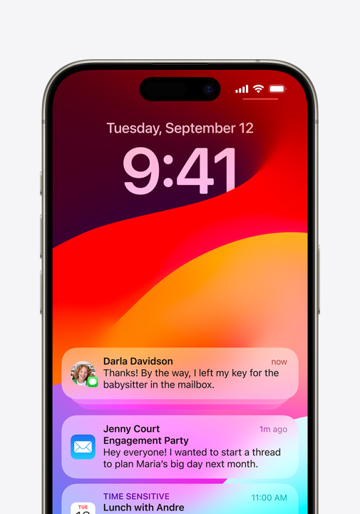 An iPhone screen displays an encrypted iMessage, a Mail notification and a time-sensitive Calendar invite.