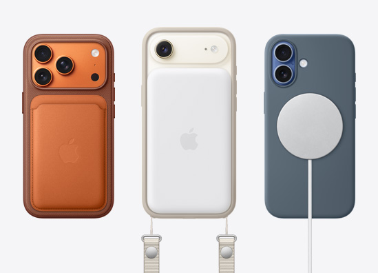 Side-by-side, iPhone 17 Pro back exterior with FineWoven Wallet with MagSafe attached, iPhone Air back exterior in Light Gold finish with Crossbody Strap and MagSafe battery attached to it, iPhone Pro back exterior with blue case and MagSafe charger attached to it