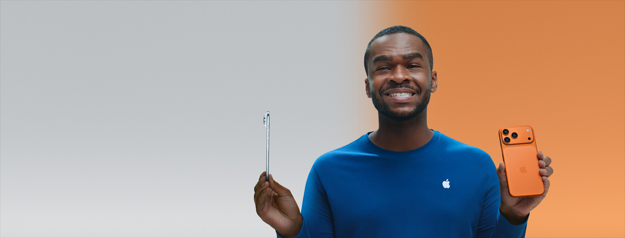 A Guided Tour, image of a person holding: iPhone 17 Pro, back exterior, cosmic orange finish, and iPhone Air, side angle, sky blue finish