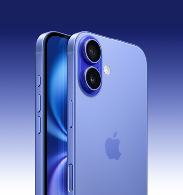 iPhone 16 in Ultramarine finish, partial screen display and side angle shows Action button, volume button and side button. Back exterior shows advanced dual-camera system in top left corner.