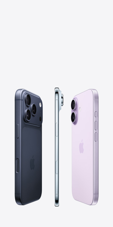 iPhone 17 Pro hátulnézetből, a felső részén a Pro Fusion kamerarendszer. Nagyon vékony, titánkeretű iPhone Air. iPhone 17 hátulnézetből, a bal felső sarkában a fejlett duplakamera-rendszerrel