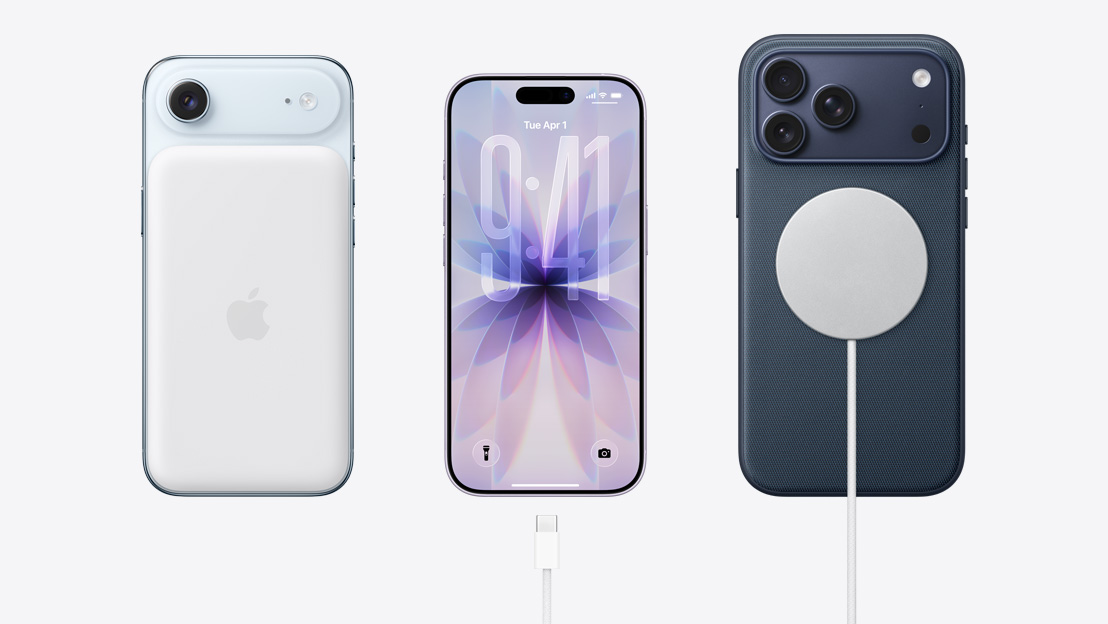 Három iPhone egymás mellett: egy iPhone Air hátulnézetből, a hátuljára helyezett MagSafe akkumulátorral, egy iPhone 17 elölnézetből, teljes előlapot kitöltő kijelzővel és a csatlakozója mellett egy USB‑C csatlakozós töltőkábellel, és egy iPhone 17 Pro hátulnézetből, a hátuljára helyezett MagSafe töltőkábellel.