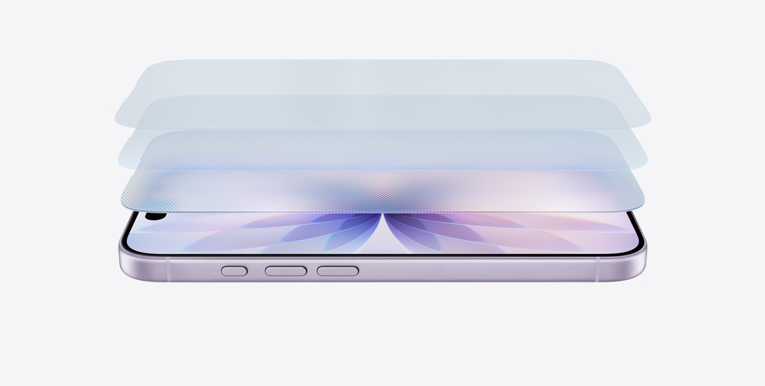 Hátára fektetett levendulaszínű iPhone 17, felette a Ceramic Shield 2 előlap rétegei lebegnek egymástól szétválasztva.