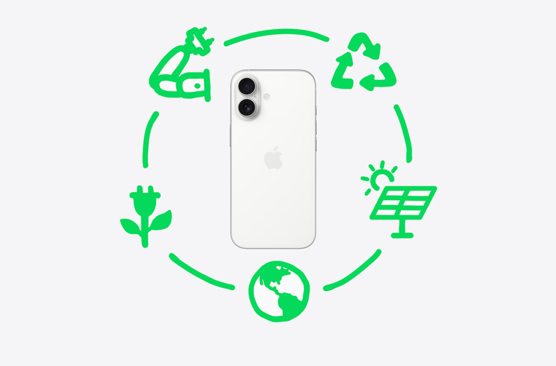 Grafikus illusztráció arról, hogy milyen lépéseket tesz az Apple az anyagok újrahasznosítása és újbóli felhasználása érdekében, beleértve a tervezés és a beszerzés, a gyártás, a csomagolás és a szállítás, a használat és a visszanyerés lépéseit. A tevékenységeket jelképező szimbólumok egy hátulnézetből mutatott párakék iPhone 17 körül alkotnak kört.