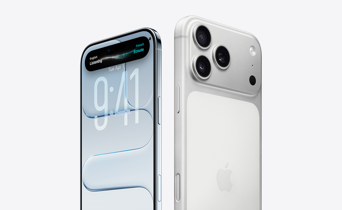 Egy sivatagszínű titán iPhone 16 Pro hátulnézetből a három kameraobjektívvel, mellette egy elölnézetből mutatott iPhone 16 Pro, melynek kijelzőjén a Dynamic Island működése figyelhető meg.