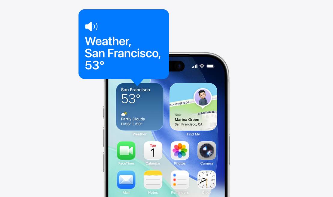 Az iPhone főképernyőjét mutató képen szövegbuborék illusztrálja, ahogy a VoiceOver funkció felolvassa az Időjárás app widgetjén megjelenő információkat.