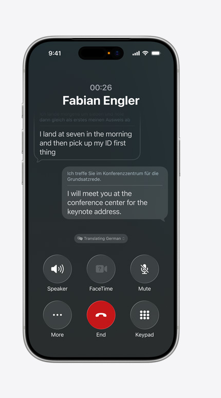 Egy iPhone-on az Élő fordítás funkció németről angolra fordít egy üzenetet.