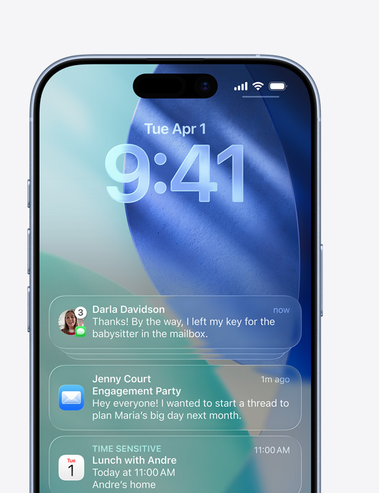 iPhone képernyője az Üzenetek, a Mail és a Naptár app felugró értesítéseivel.