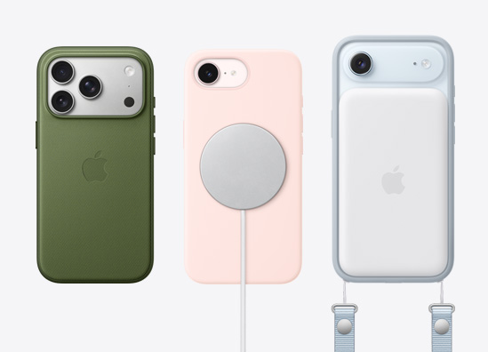 iPhone készülékek egymás mellett: egy iPhone 17 Pro hátulnézetből, a hátuljára felhelyezett MagSafe-rögzítésű FineWoven-szövettárcával, egy világos aranyszínű iPhone Air hátulnézetből, a hátuljára felhelyezett MagSafe akkumulátorral és a tokjára rögzített Crossbody pánttal, és egy kék tokban lévő iPhone 17 hátulnézetből, a hátuljára felhelyezett MagSafe töltővel.