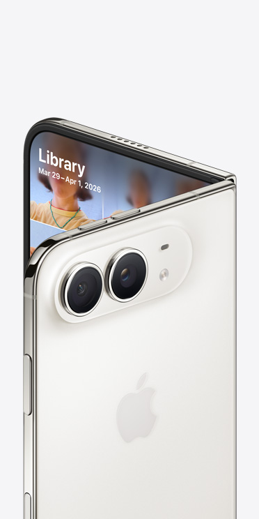 iPhone Duo, Star White color, complete back exterior, Apple logo in center, 48MP Dual Fusion camera system, partial front interior, photo library displayed on screen