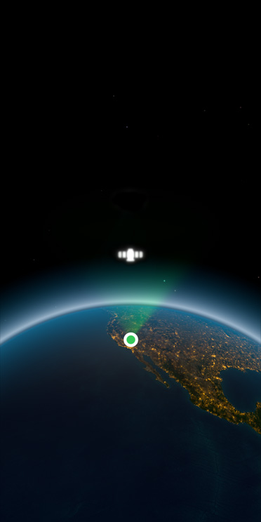 Overhead zoomed-out photo of Earth from space with satellite icon
