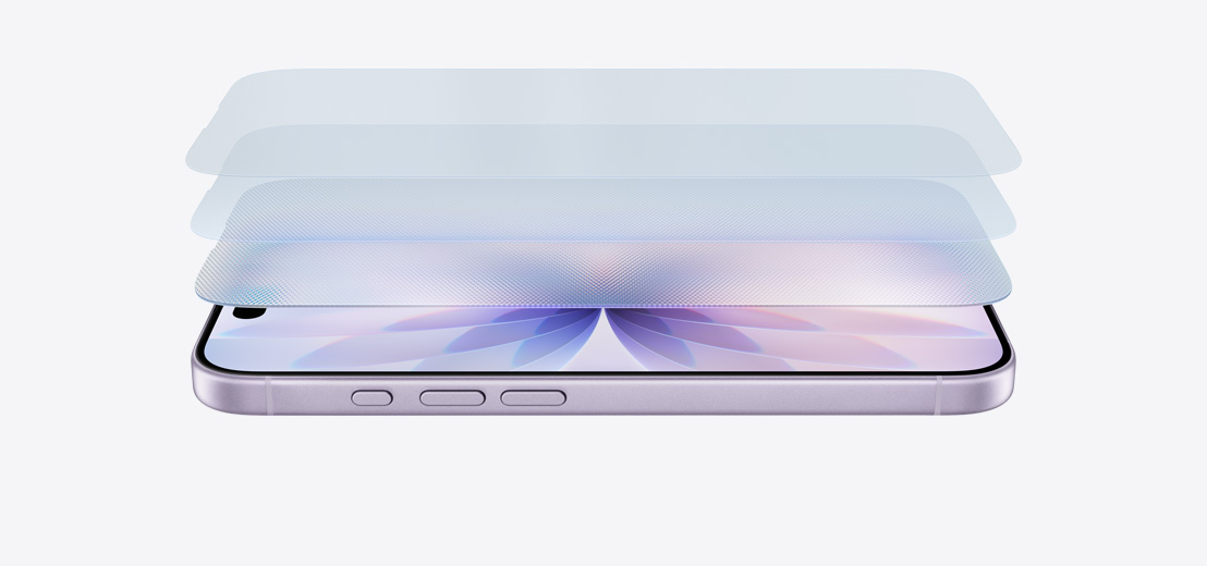 iPhone 17 horizontal on its side in lavender finish, with a layered design showcasing Ceramic Shield 2