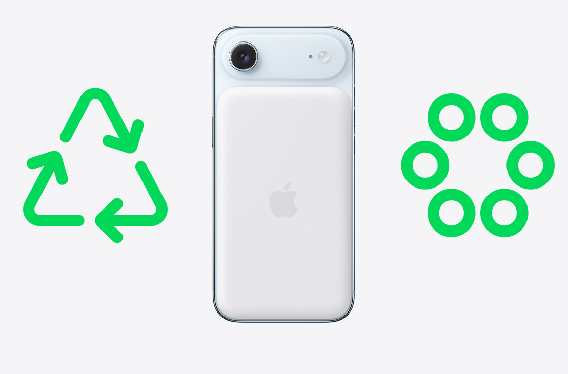 iPhone Air, sky blue color, back exterior, centered between a green recycling symbol and six small green circles arranged in a circle
