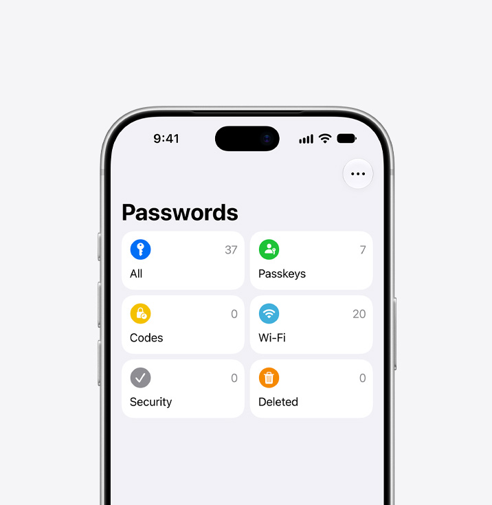 iPhone 18 Pro, front exterior, Passwords app displayed on screen