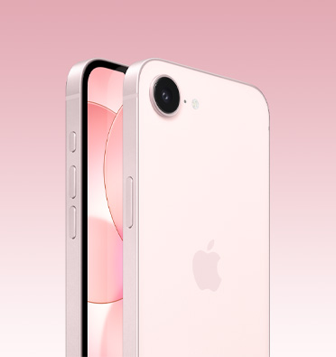 Front and back of iPhone 17e in soft pink, partial front screen, full back with Apple logo and single camera, side shows Action, volume and side buttons.