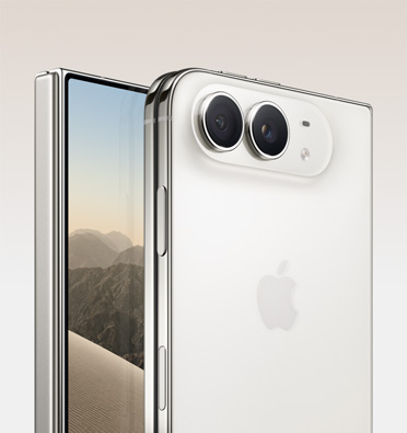 左前に傾けた状態のスターホワイトのiPhone Duo、インナーディスプレイには砂漠の画像が表示されている。左前に傾けた状態のスターホワイトのiPhone Duo、閉じた状態の背面の外観、上部の隅に48MP Dual Fusionバックカメラ、2つのレンズ、マイク、フラッシュがある