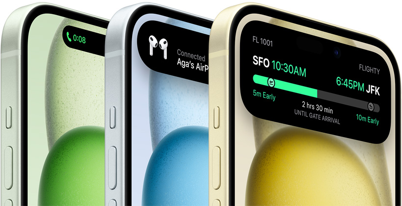 Three iPhone 15 models lined up and angeled. iPhone 15 in Green finish demostrates active Dynamic Island for incoming call. iPhone 15 in Blue finish demonstrates active Dynamic Island when AirPods are connected. iPhone 15 in Yellow finish demostrates active Dynamic Island for flight status.