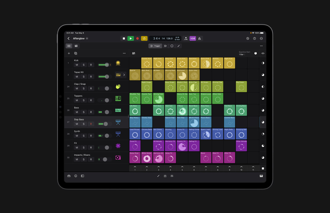iPad용 Logic Pro의 녹음 및 루프 제작 기능의 사용자 인터페이스.