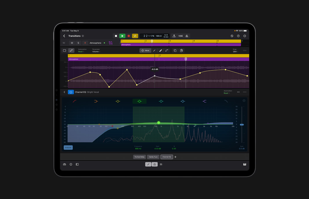 iPad Pro 展示 iPad 版 Logic Pro 中的混音器 channel strip 特寫。