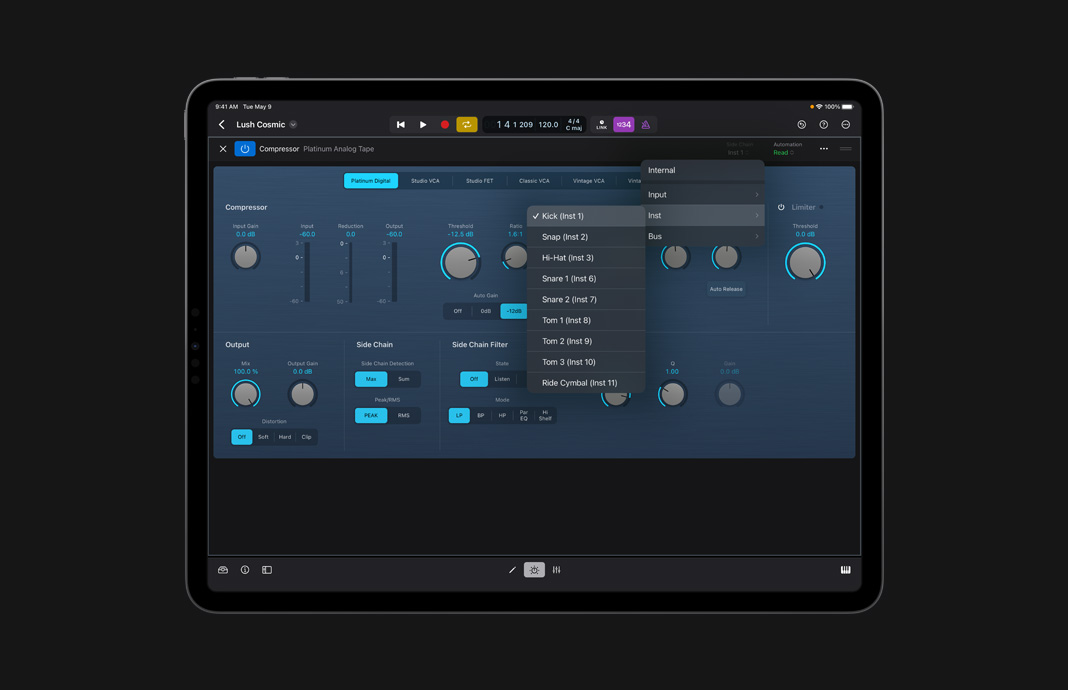 User interface of a compressor plug-in in Logic Pro for iPad.