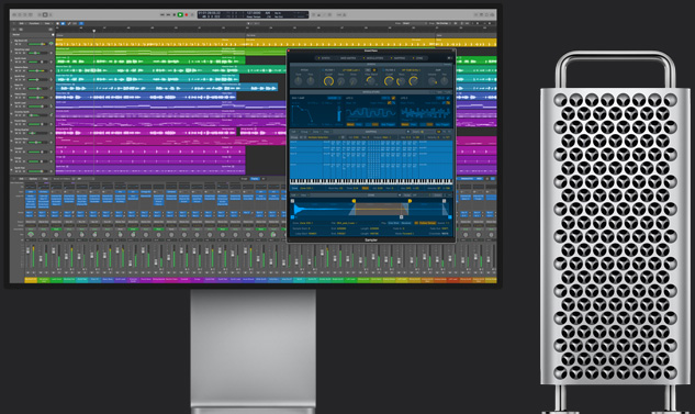 A large multitrack Logic Pro project is on a display next to a Mac Pro.