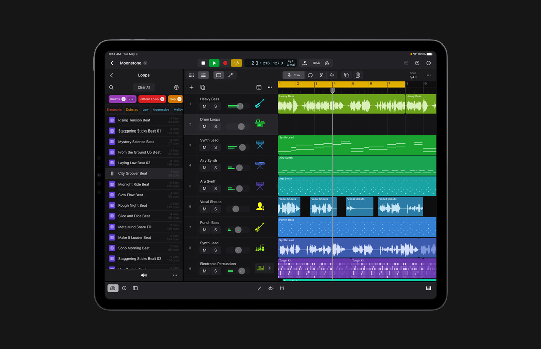 iPad Pro에서 iPad용 Logic Pro로 사용 가능한 모든 사운드의 검색 필터링 시스템을 보여주는 화면.
