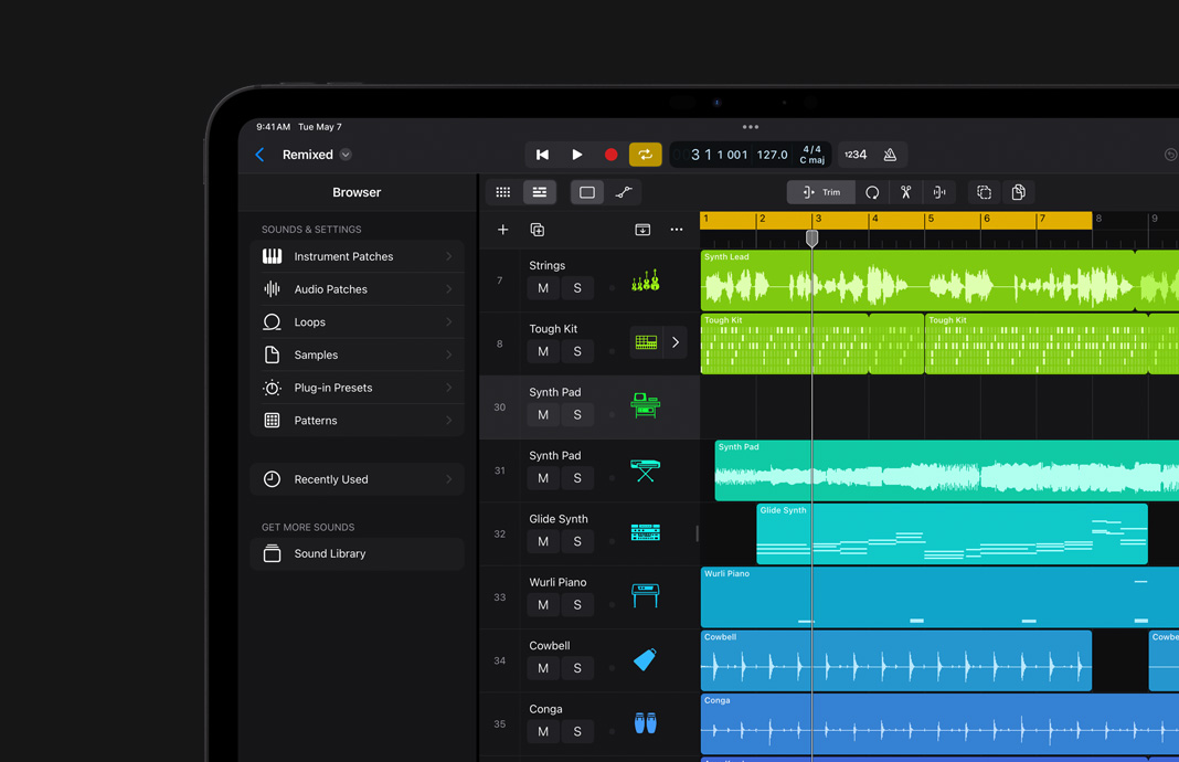 Visualização rápida da biblioteca de sons do Logic Pro no iPad Pro.