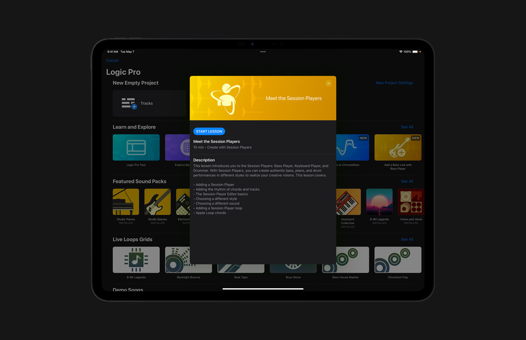 Coleção de aulas no app Logic Pro no iPad Pro.
