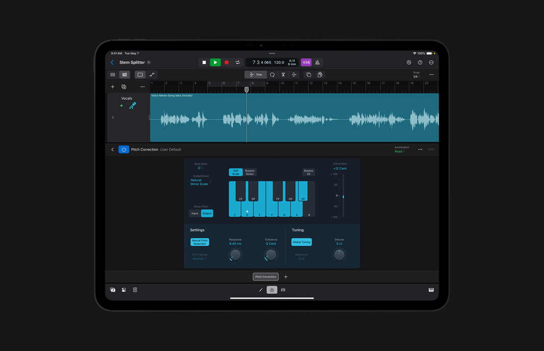 Interface de Correction de tonalité dans Logic Pro pour iPad.
