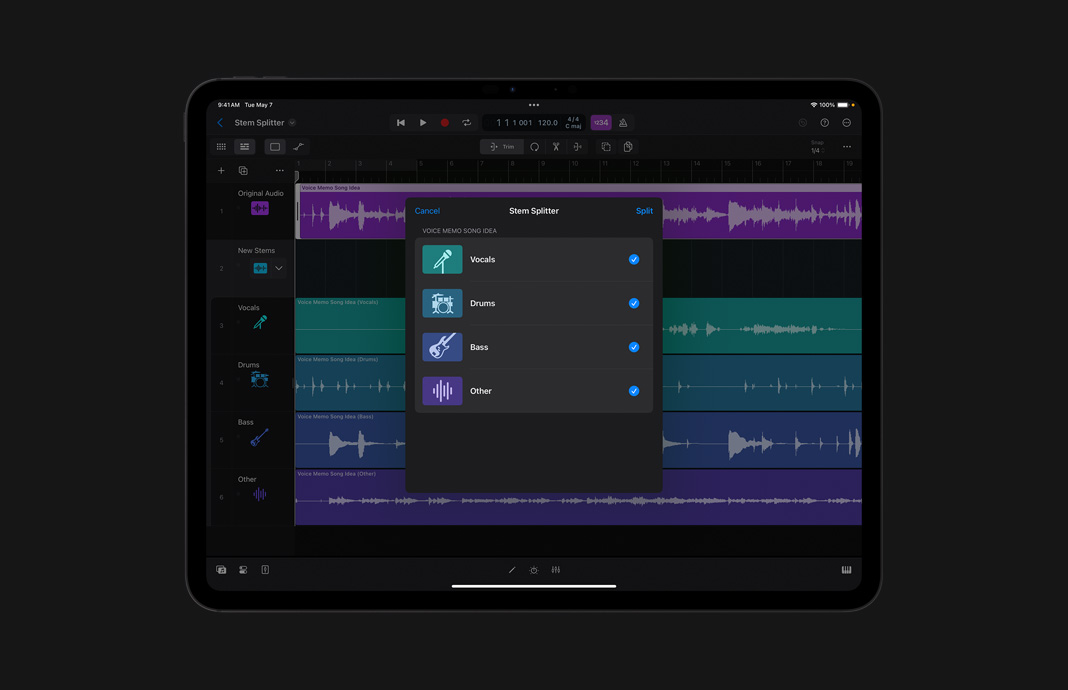 Separação de áudio com o Stem Splitter no Logic Pro para iPad no iPad Pro.