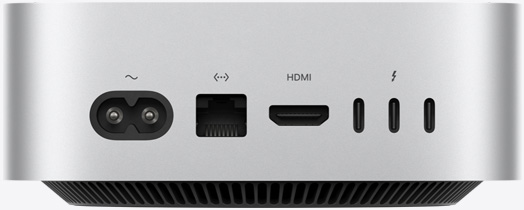 Mac mini, back, power socket, Ethernet port, HDMI port, three Thunderbolt ports