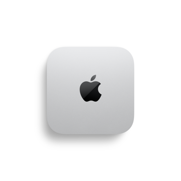 Mac mini, top, dimensions marked as 5 inches on left and bottom of device, silver aluminum, square, rounded corners, glossy black Apple logo centered