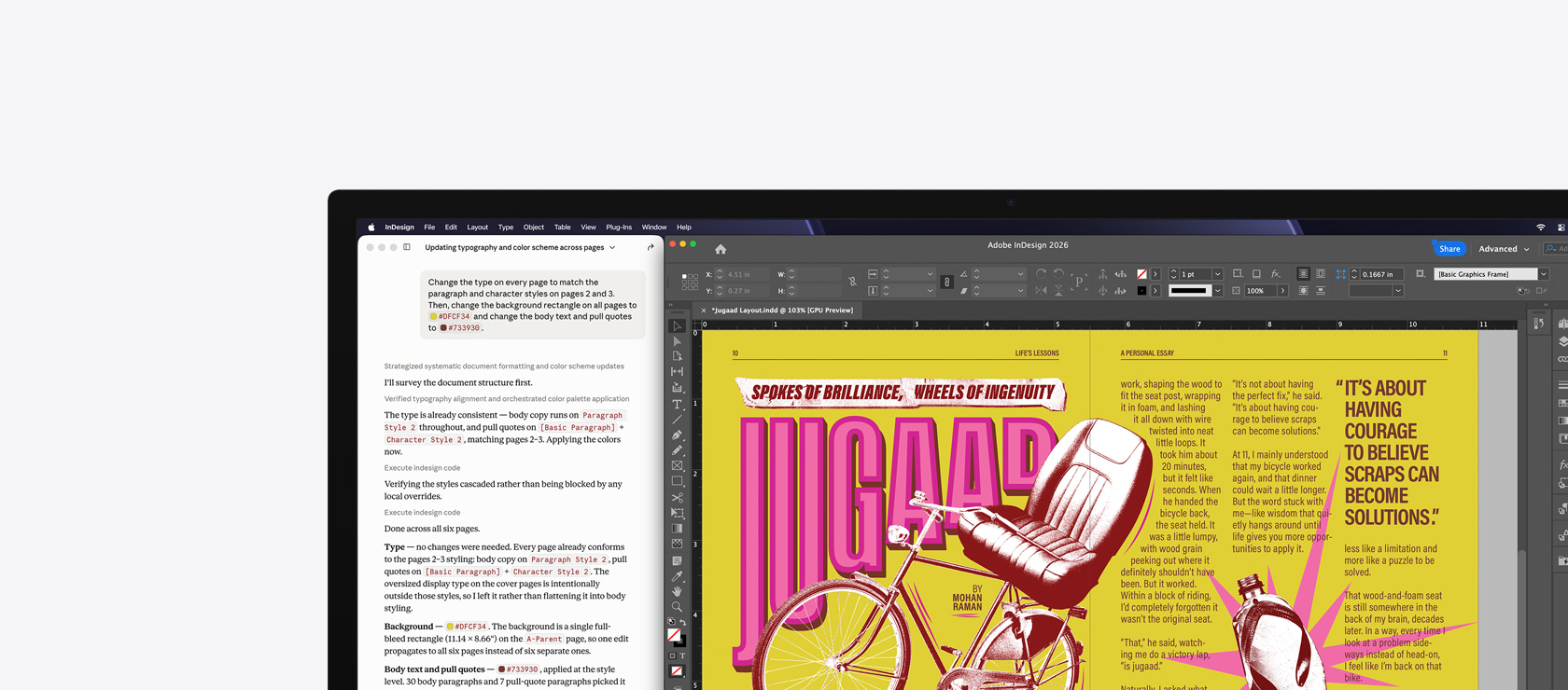 Adobe InDesign 2026, generative prompt used in second window to design a poster
