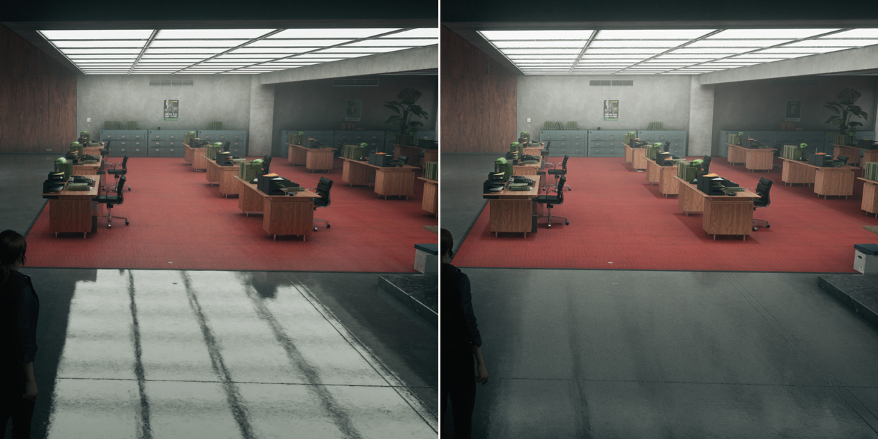Side-by-side comparison of two images, image on left shows open-office setting with ray tracing turned on, overhead lights reflect strongly on floor, image on left shows same open-office setting with ray tracing turned off, the reflection of the overhead lights is more subtle and blurred