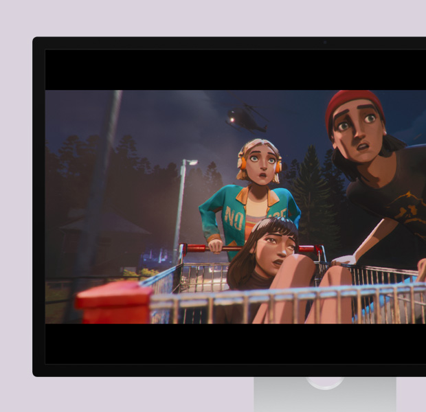 Studio Display, showing a still from the game Mixtape, two teens with hands on shopping cart, third teen sitting in shopping cart, street lamps, trees, and helicopter visible against dark sky behind them