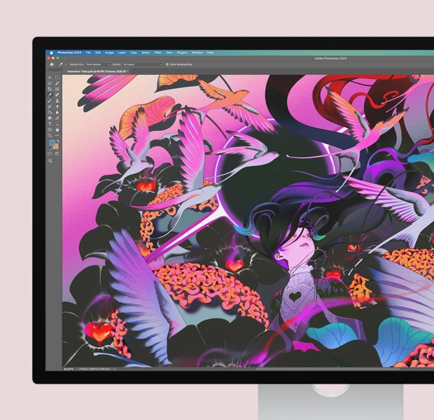 Adobe Photoshopで開いたカラフルな画像が表示されているディスプレイ