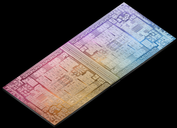 Skematisk illustration af M2 Max-chip forbundet med en anden M2 Max-chip