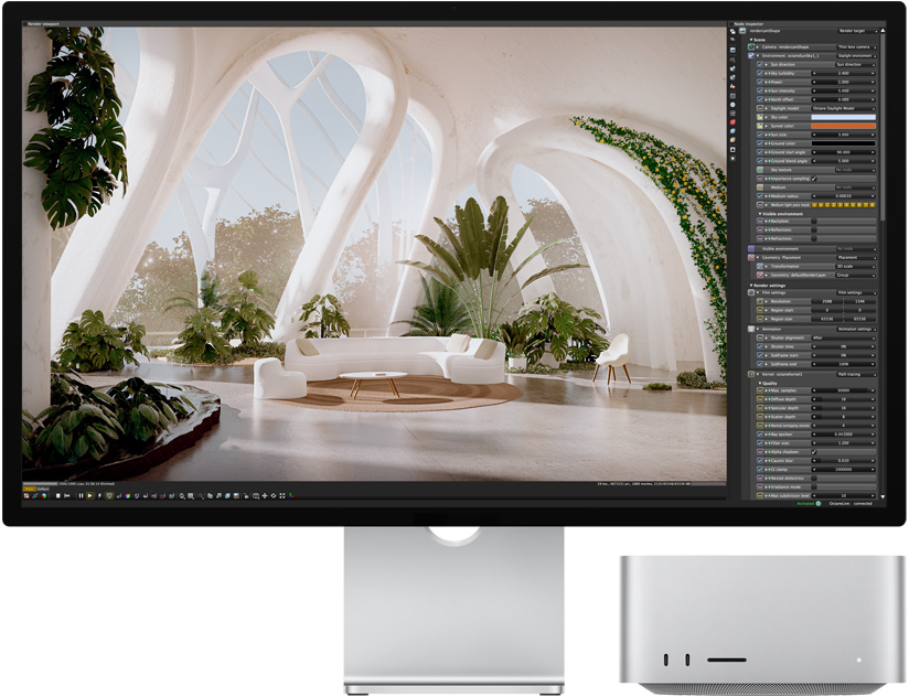 Studio Display und Mac Studio zusammen dargestellt