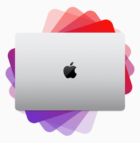 MacBook Pro, back exterior, MacBook silhouette fans out from behind into spectrum of purple and red colors