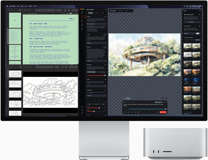 Studio Display XDRの画面に、Draw Things、Pages、Keynoteで作成された建築物の絵が表示されている。Mac Studioの前面