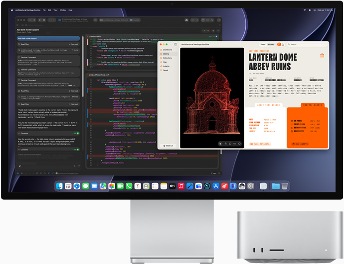 Studio Display XDRの画面に、XCodeのClaude Agentで作業中の書類が表示されている。隣にはMac Studioの前面が見えている