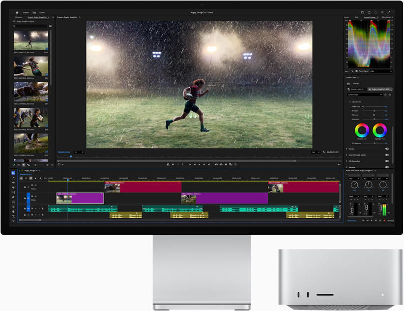 Studio Display XDRの画面にAdobe Premiereと、雨の中、運動場で走るアスリートの画像が表示されている。Mac Studioの前面