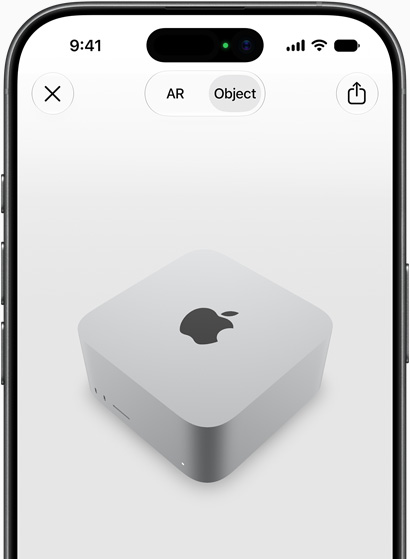 Preview of Mac&nbsp;Studio being viewed in AR experience on iPhone